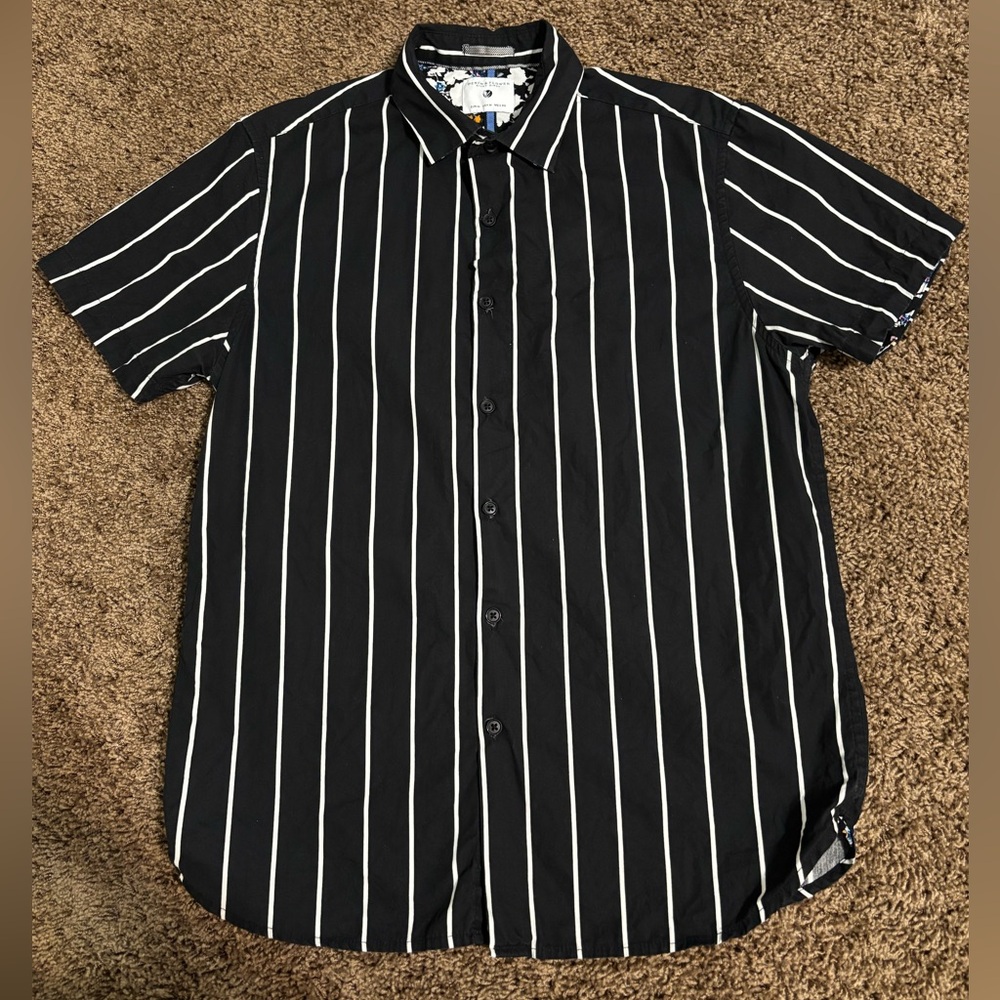 Denim & Flower Button Up Shirt Men's Medium Black White Striped Casual